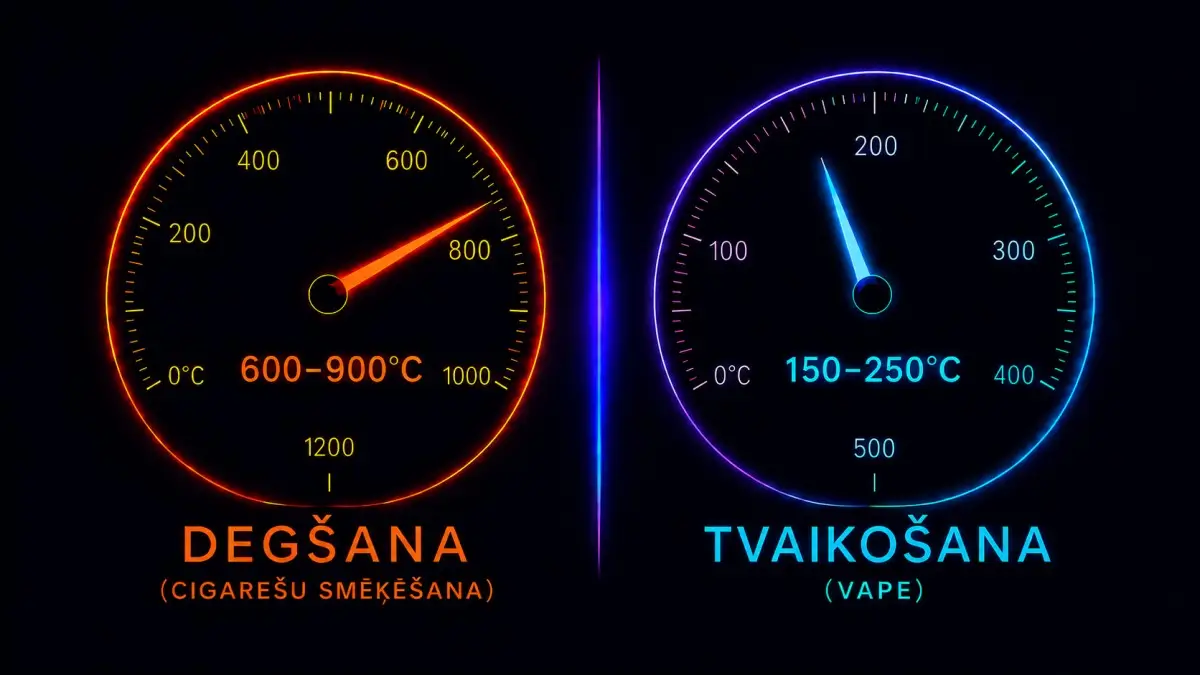 Temperatūras salīdzinājums degšana 600–900°C un iztvaicēšana 150–250°C